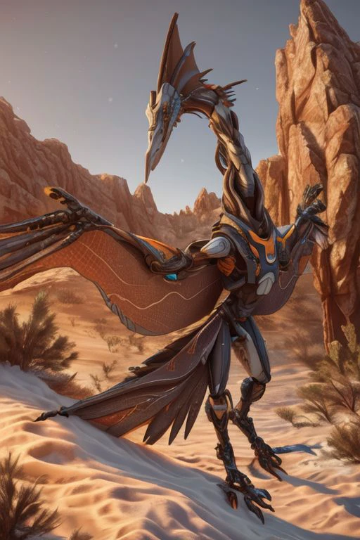 (8k, hd, crisp, sharp details, Highly detailed, detailed, realistic, best quality, winter, forest, snow)
sunwing, flying pterosaur, arms wing, robot, outside, desert, day, blue sky