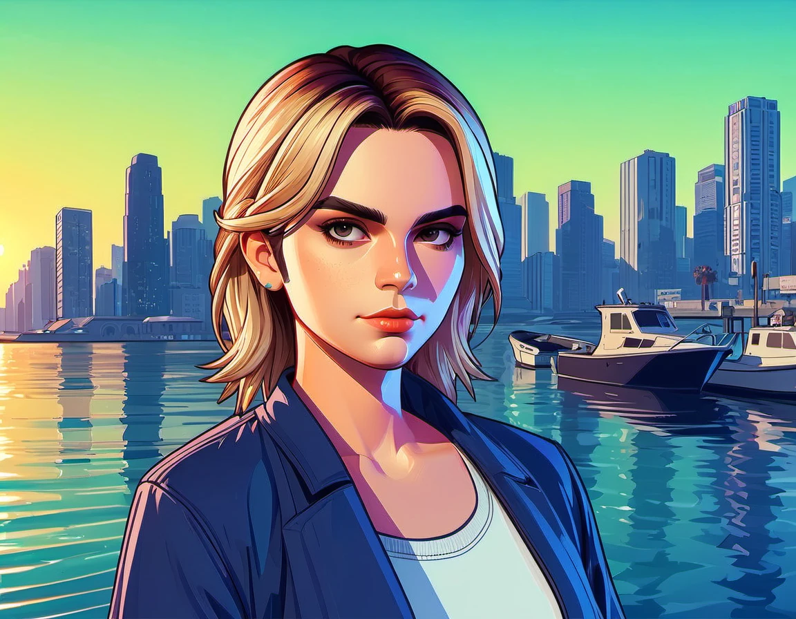 GTA-ish, 2D, beautiful gorgeous Pen Pen, dockside background, (thick outline:1.2)