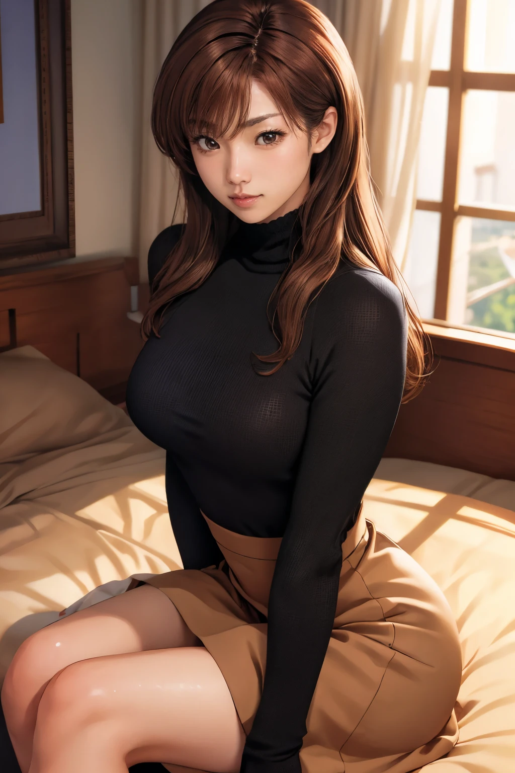 1girl, brown hair, jewelry, long hair, defined cheekbone, milf,
dynamite lighting, looking at viewer, wearing turtleneck dress, brown skirt, highwaist, sitting,
detailed body, attractive body, perfect human body, detailed face, delicate female hands,
(ultimate quality, masterpiece, highres:1.0), realistic:1.8, photorealistic,
kyokofukadalora <lora:kyokofukadalora:1>