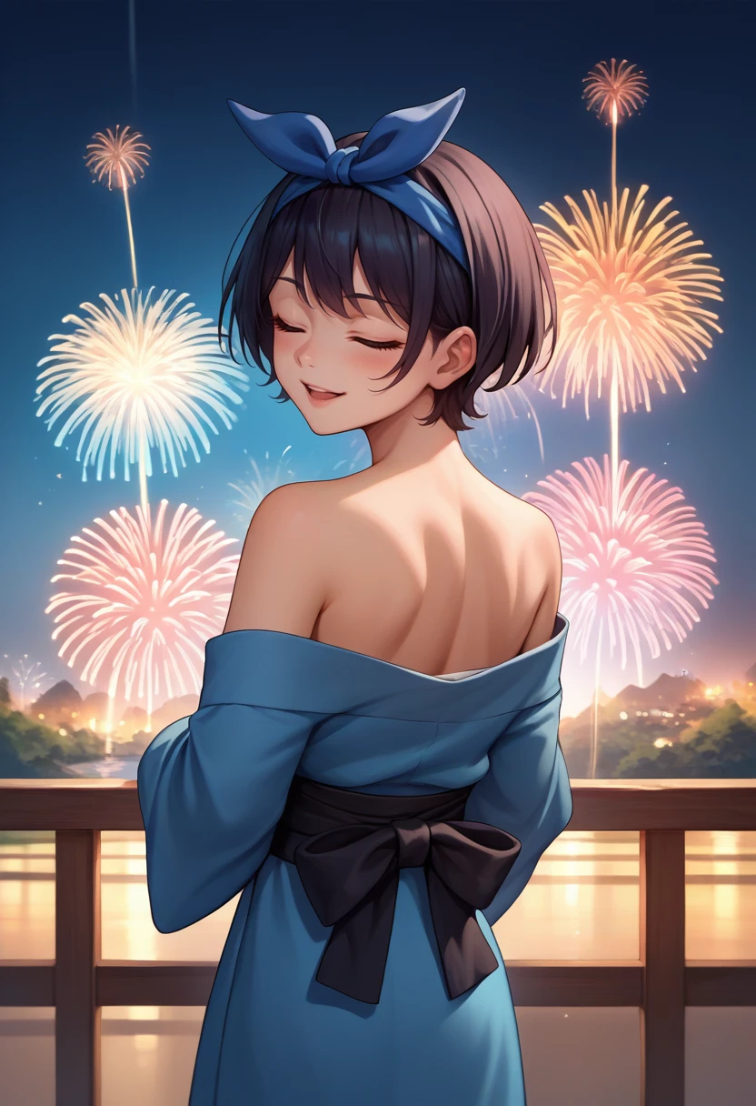 score_9, score_8_up, score_7_up, source_anime, from behind, solo, 1girl, sarashina ruka, happy, looking back, blue hairband, closed eyes, blue kimono, off shoulder, black sash, bare shoulders, fireworks <lora:rentagirlfriend_sarashina_ponyXL:1>