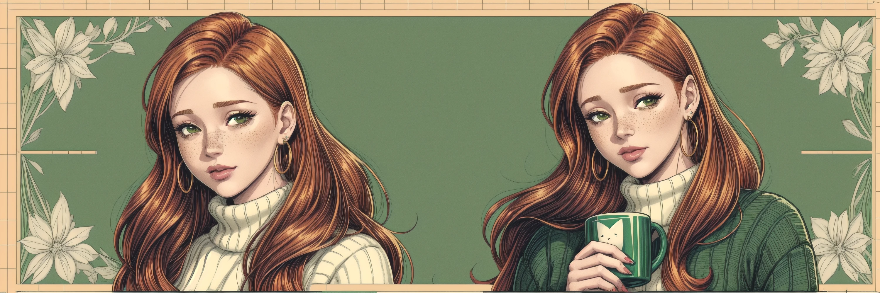ASTRLGRV, a woman with ginger hair, 1girl, sublime hair, ginger hair, long flowing hair, (bttrfrckl:1.2), freckles, earrings, a woman, wearing a oversize sweater, sweater, sweatpants, sunglass, halftone, halftone background, geometric patterns, jewelry, long hair, long sleeves, puffy sleeves, solo, transparent, upper body, ivy, squares pattern, winter vibes, chill times, warm place, hot chocolate, a mug, marshmallow, green tones, red ornament, in love, horny, in a field, at a farm, comic book, breaking the 4th wall, retro style, Synthwave, cartoon, gradient colors, retro style, vintage, pop art, digital tools <lora:more_details:1> <lyco:GoodHands-beta2:1.0>