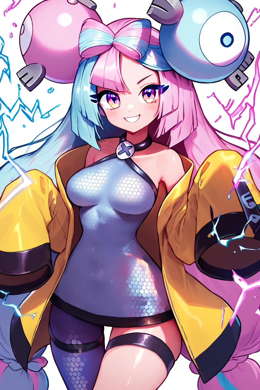 score_9, score_8_up, score_8, medium breasts, (curvy), cute, eyelashes,       zzionopokemon, solo, 1girl,  long hair, pink eyes, blue hair, pink hair, light blue hair, multicolored hair, bow-shaped hair, yellow jacket, sleeves past fingers, single leg pantyhose, thigh strap  smile, looking at viewer, cowboy shot,  electricity,   energy, glowing, swirling energy, dynamic pose,   <lora:Iono_Pokemon_P1:0.8>, <lora:BoldCAT_P3:0.8>, <lora:Aura_P1:0.8>,