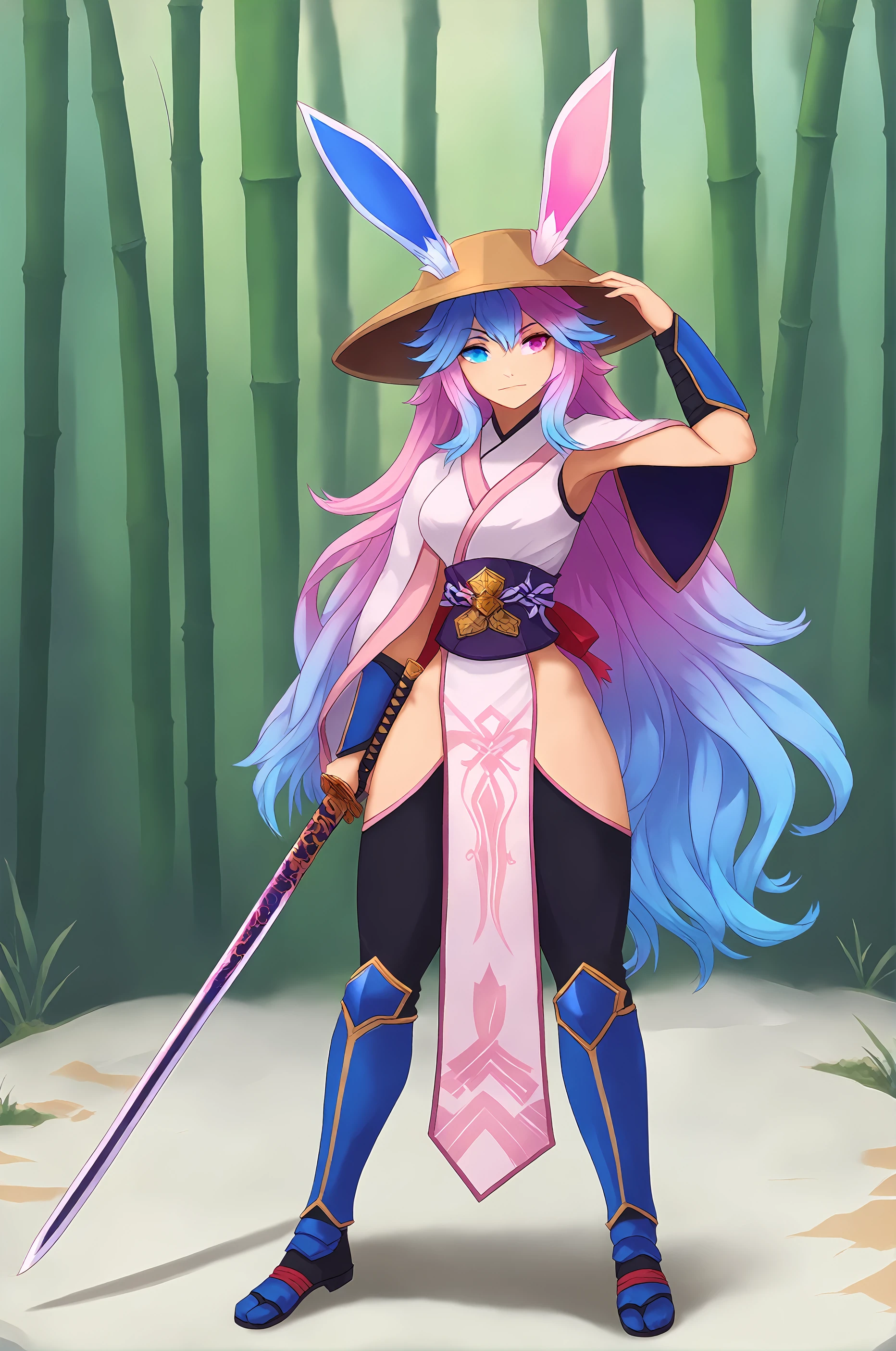 score_9,
<lora:cottontailva_v1_pruned:1>, cottontailva, heterochromia, gradient hair, blue hair, pink hair, 
samurai, hat, katana, sword, bamboo hat, 
solo, 
japanese armor, 
full body, 
<lora:velminth_unpruned:1>, velminth,
high resolution, Masterpiece