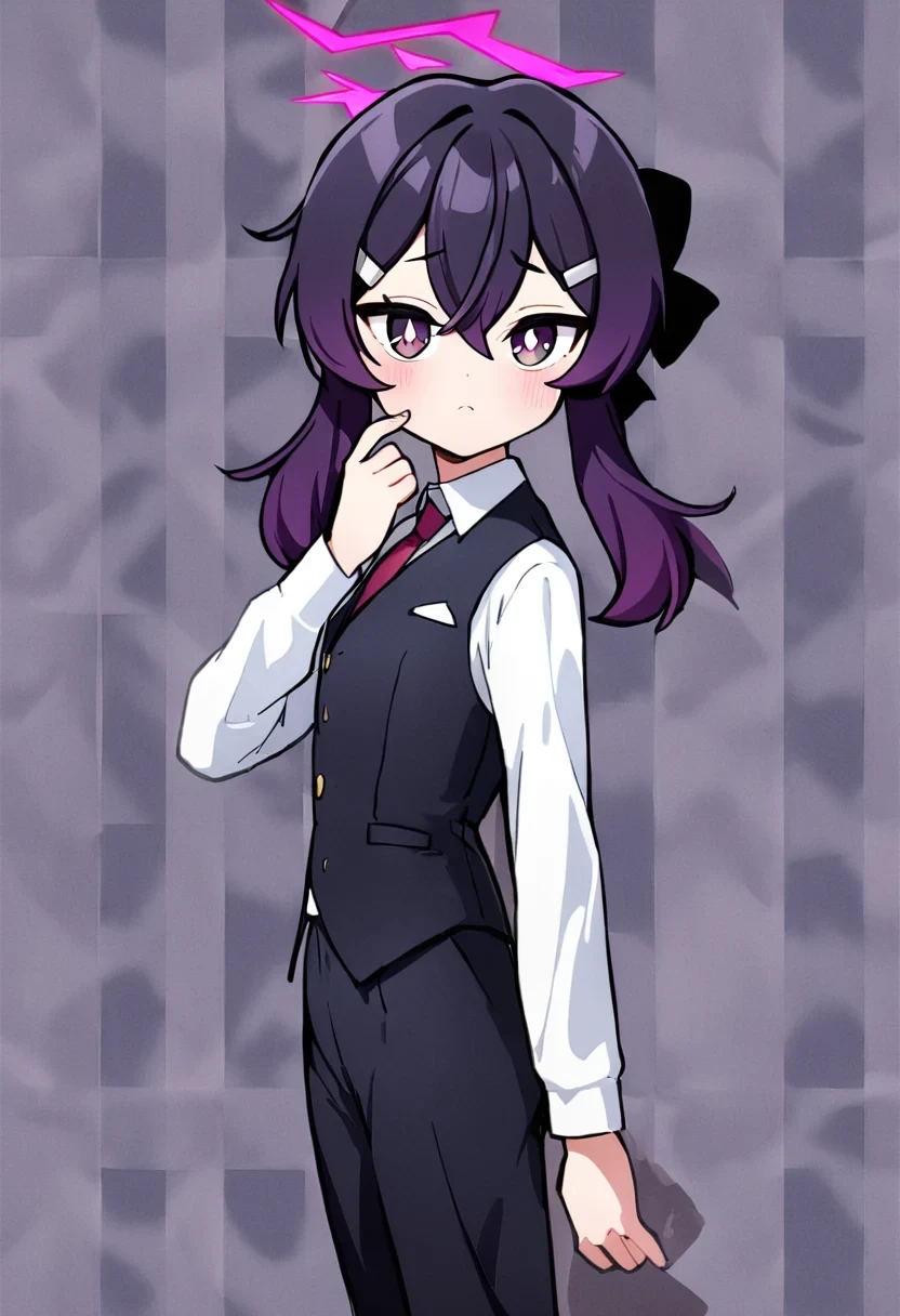 <lora:ps68_dress_v5:1>1girl, haruka \(suit\) \(blue archive\), halo, simple background, checkered background, cowboy shot, looking at viewer, black vest, black pants