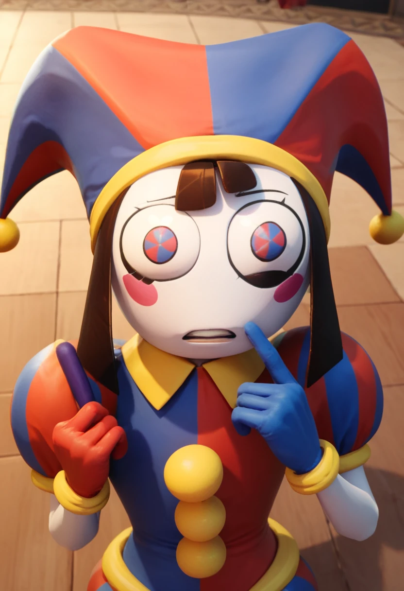 masterpiece,best quality, highly detailed, score_9, score_8_up, score_7_up, score_6_up,<lora:xl_more_art-full_v1:0.8>,
BREAK
<lora:pomniXL:0.8>pomni, jester cap, solo, hat, blush stickers, brown hair, looking at viewer, facepaint, gloves, clown, teeth