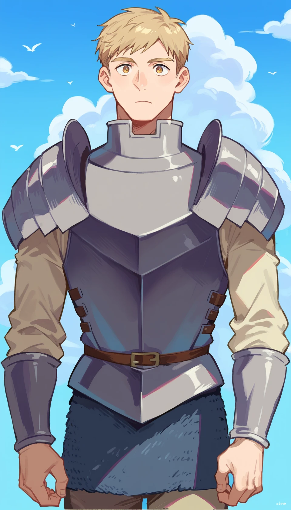 score_9, score_8_up, score_7_up, score_6_up, source anime, BREAK
<lora:dungeon_meshi_laios:0.8> soialpnxl, laios thorden, 1boy, solo, male focus, armor, shoulder armor, facing viewer, pauldrons, plate armor, sky, clouds, cowboy shot,