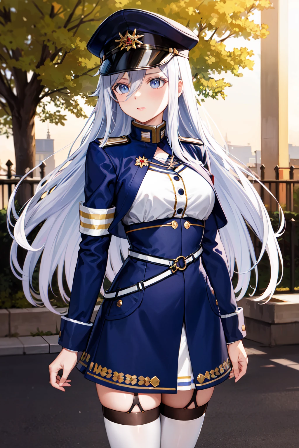 masterpiece, best quality, highres, aalena, long hair, military hat, blue headwear, hair between eyes, medium breasts, military uniform, white shirt, blue jacket, armband, long sleeves, white belt, blue skirt, garter straps, white thighhighs, <lora:vladilena_millize_v1:0.7>, standing, cowboy shot, outdoors, arms at sides,