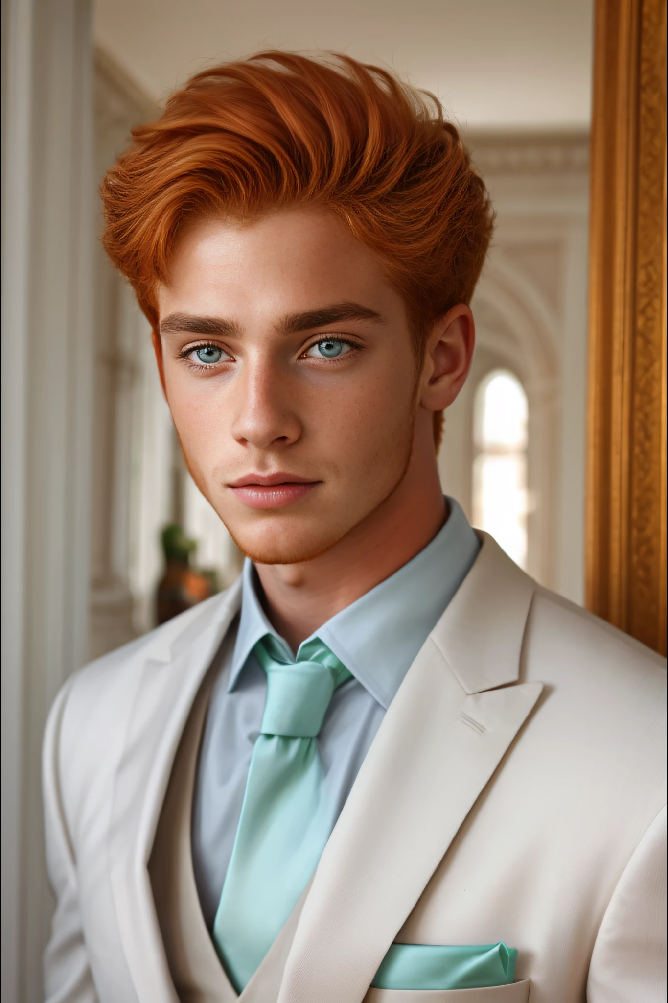 <lora:Liam:1> 1boy, ginger hair, brilliant green eyes, masterpiece, short hair, crystal clear, nice suit, portrait