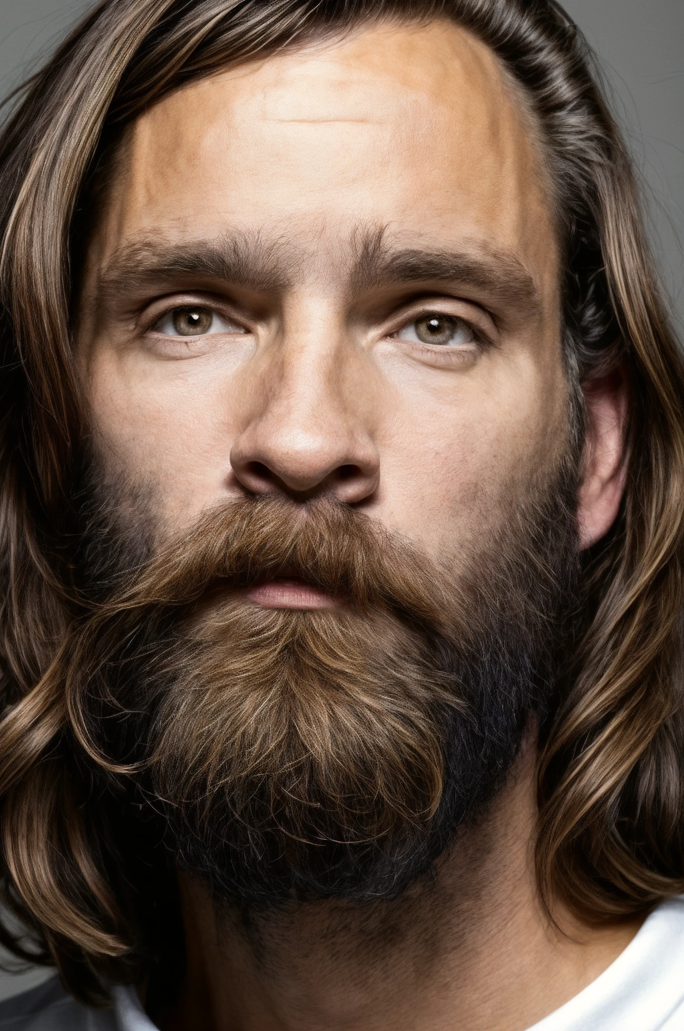 Charles, beard, perfecteyes, looking at viewer, long hair, crazy eyes, portrait, face shot, detailed skin, detailed pores, 35-year-old man, 