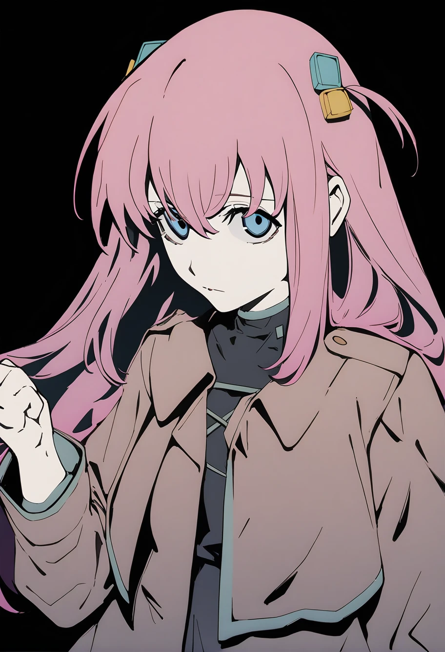 1girl,solo,cytus ii sytle,gotoh hitori,black background,pink hair,blue eyes,hair accessory,pink coat,looking at viewer,newest,medium quality,general,masterpiece,<lora:cytus_v0.9-000018:1>,