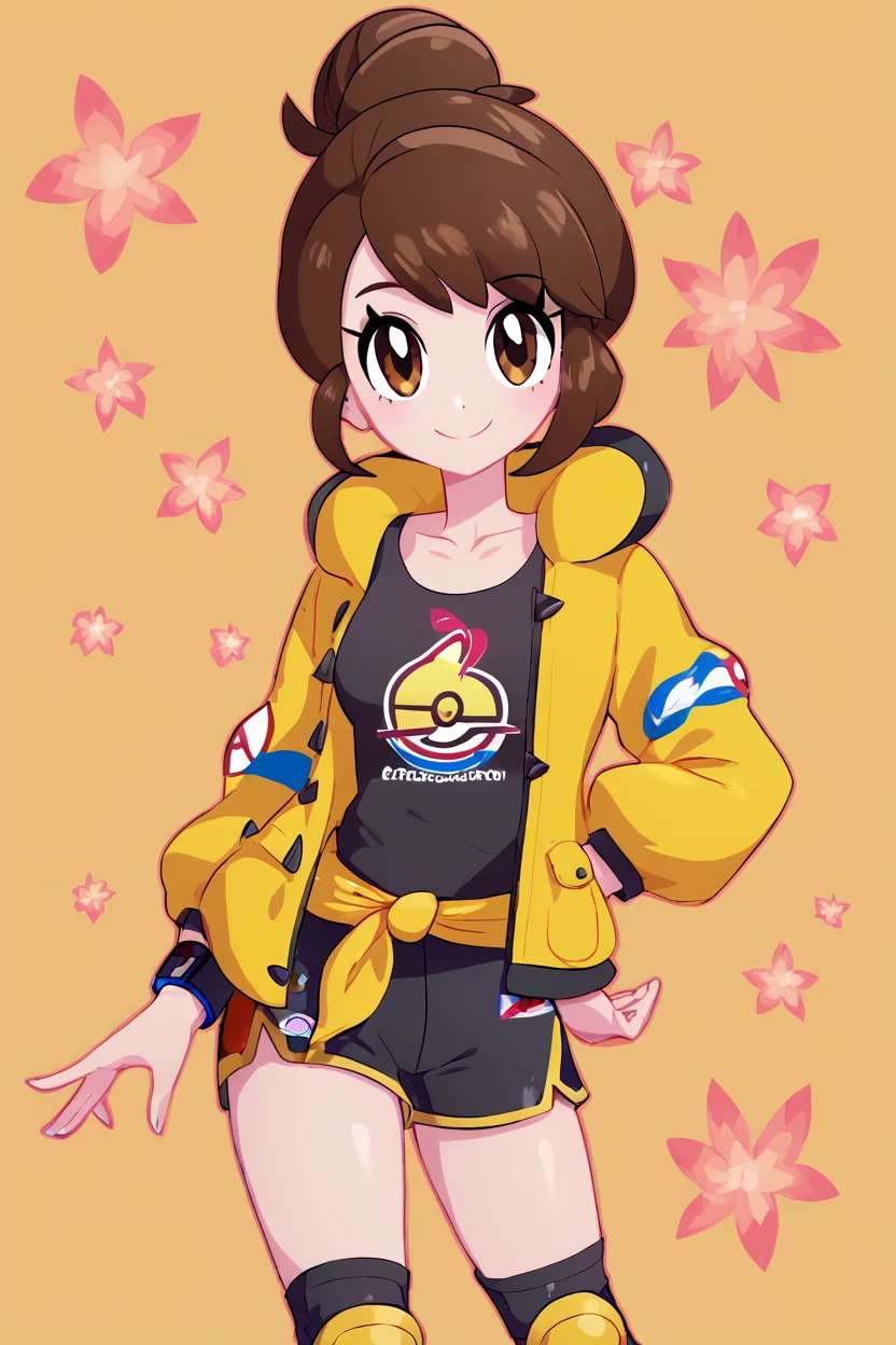 high resolution, score_9, score_8_up, score_8, medium breasts, cute, eyelashes , gloria (pokemon), gloriaDojo, yellow jacket, black shirt, black shorts, knee pads, short hair, single hair bun, collarbone, cowboy shot, smile, looking at viewer, <lora:Gloria_Pokemon_P1:0.8>,, <lora:CuteCitron:1>,