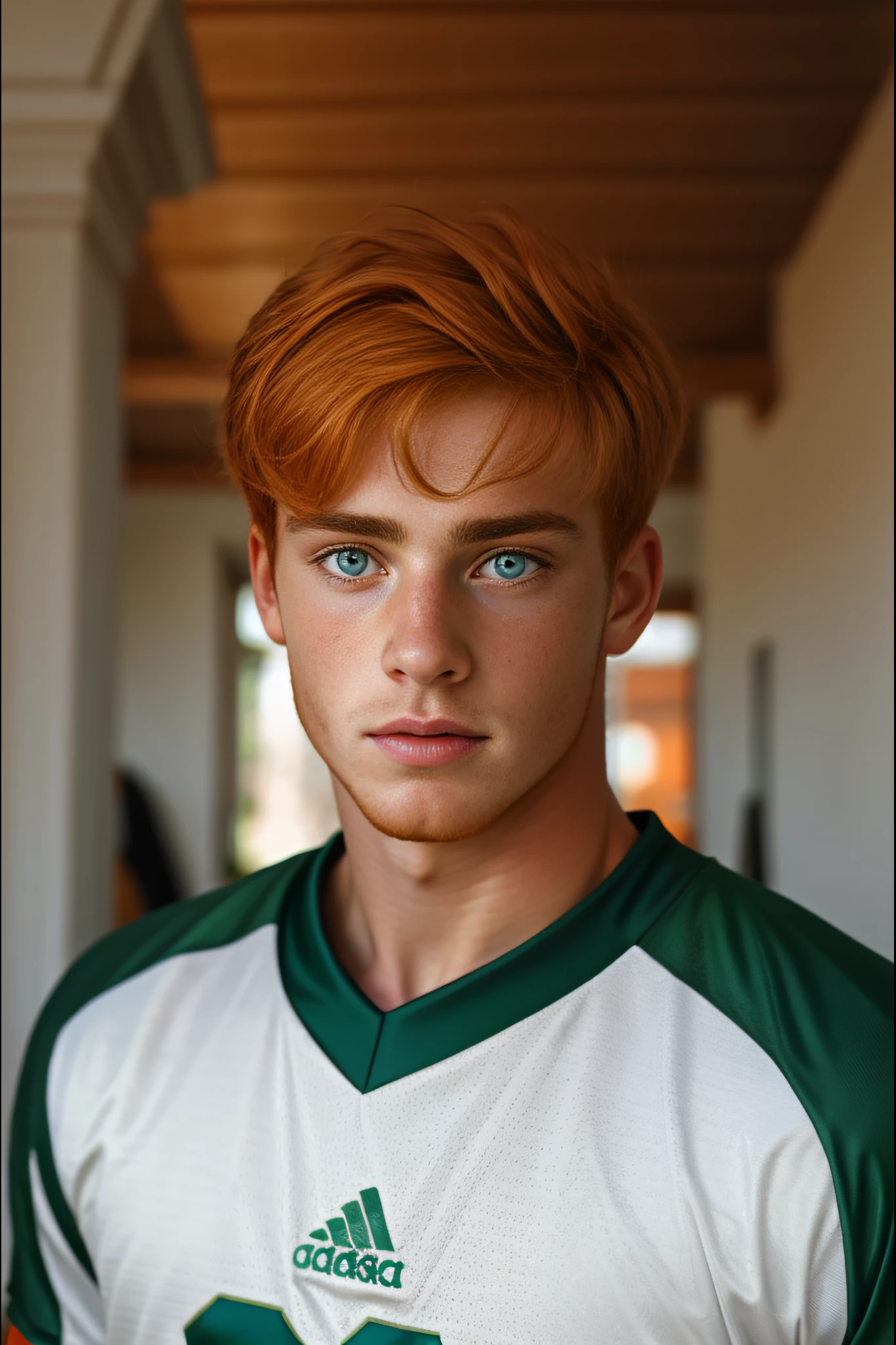 <lora:Liam:1> 1boy, ginger hair, brilliant green eyes, masterpiece, short hair, crystal clear, football jersey, portrait