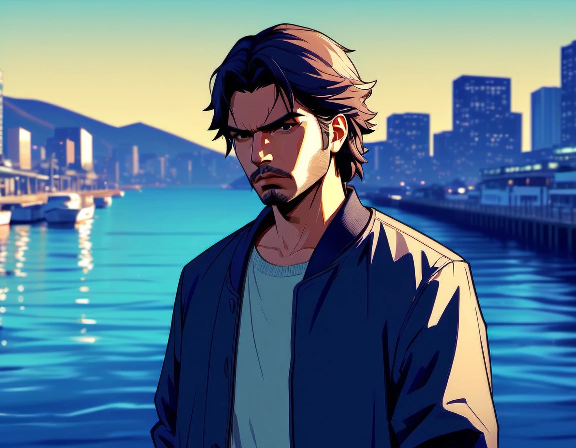 GTA-ish, 2D, beautiful gorgeous Kirei Kotomine, dockside background, (thick outline:1.2)