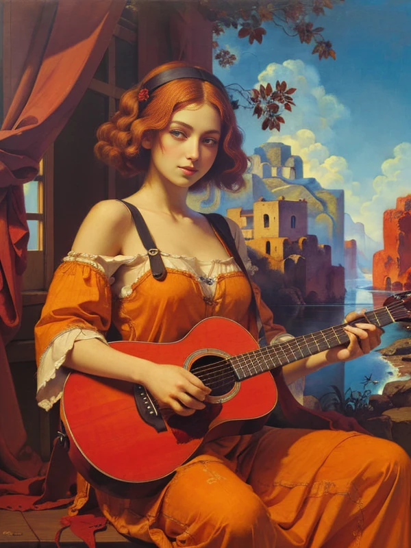 <lora:parrishstyle:0.9> (absurdres, masterpiece, biggest quality) award winning painting a beautiful ginger girl playing the guitar, the greatest painting ever