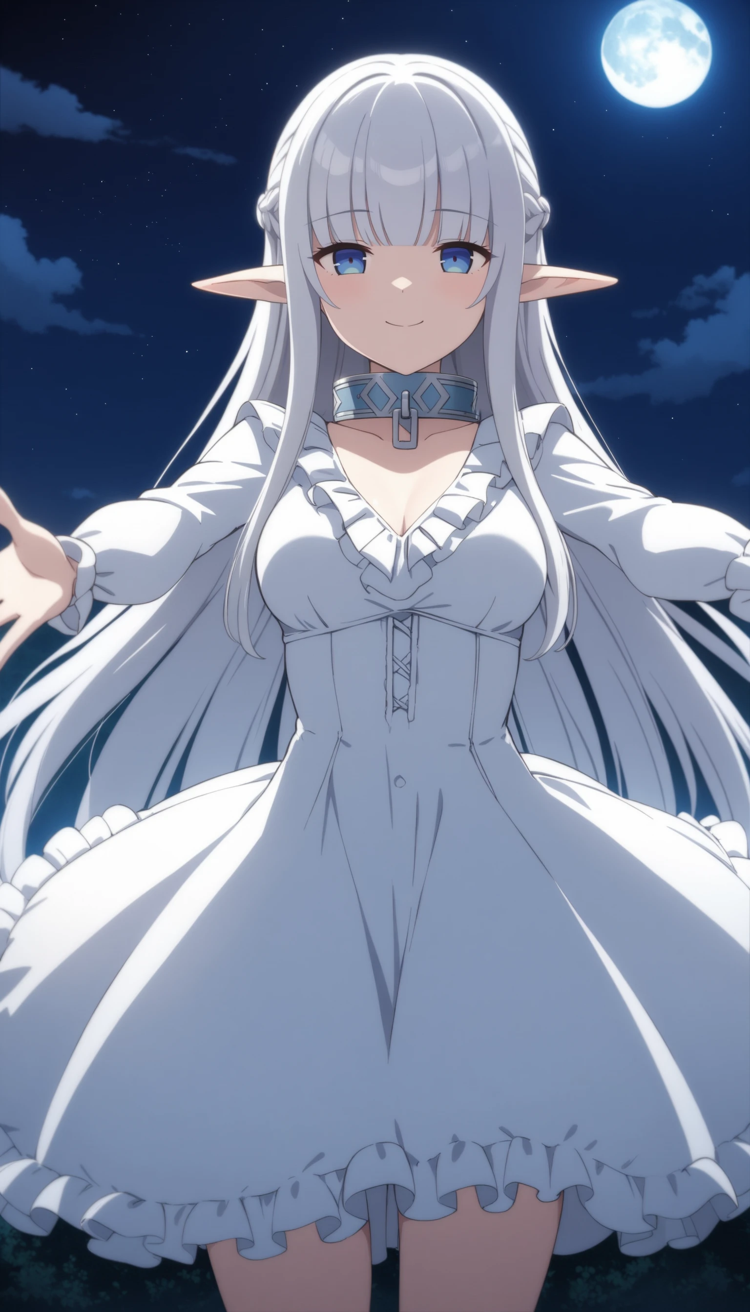 (masterpiece, best quality, very aesthetic, ultra detailed), intricate details,
1girl, nephilia, elf, collar, medium breasts, white dress, frilled dress, long sleeves, frills, moon, night, night sky, star \(sky\), outdoors, outstretched arms, closed mouth, smile, <lora:NephiliaXL:0.8>