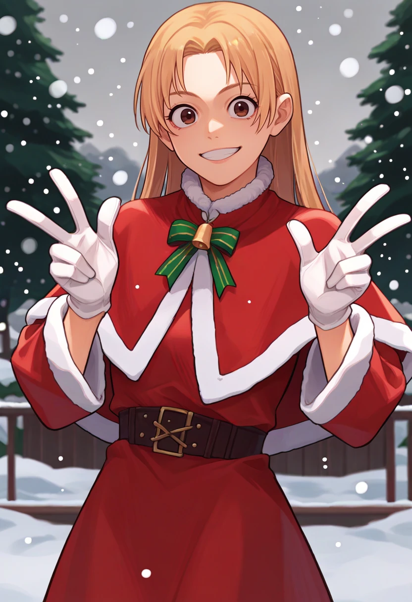 score_9, score_8_up, score_7_up, source_anime, solo, 1girl, tsukumo yuki, grin, looking at viewer, double v, standing, brown eyes, christmas, fur trim, red capelet, red dress, fur-trimmed dress, long sleeves, white gloves, snowing, outdoors <lora:jjk_tsukumo_ponyXL:1>