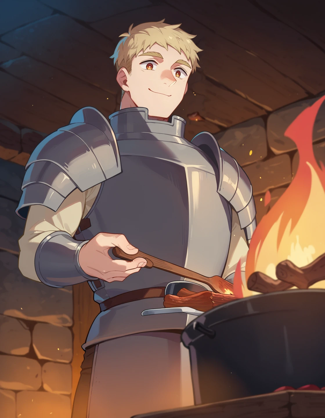 score_9, score_8_up, score_7_up, score_6_up, source anime, BREAK
<lora:dungeon_meshi_laios:0.8> soialpnxl, laios thorden, 1boy, dungeon meshi, male focus, armor, food, campfire, cooking, closed mouth, smile, solo, from below