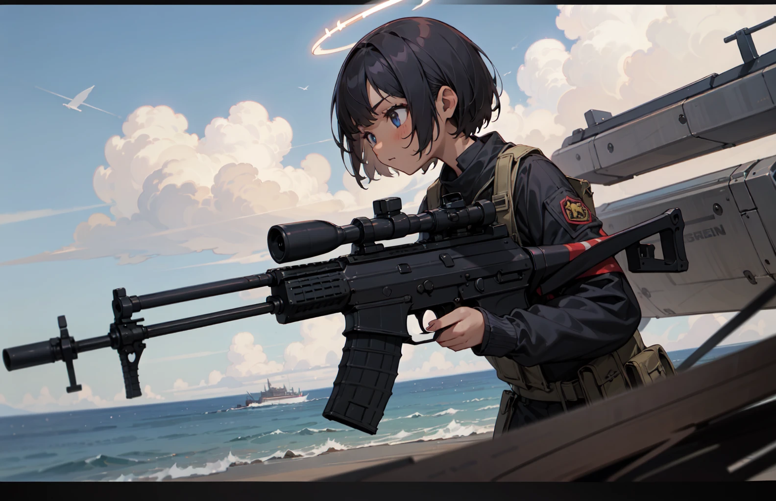 (masterpiece, best quality),1girl, solo, ocean background, outdoors, letterboxed, street wear clothing, short hair, night sky, cloud, black short hair , tanned skin, tanned face, wing, flying, glowing halo, depth of field, cinematic, looking at camera,(holding, holding_gun:1.0), from side, (assault rifle, gun, machine gun, rifle, weapon:1.2), (trigger_discipline:1.2), (aiming:1.3) <lora:9k GUN:0.3>