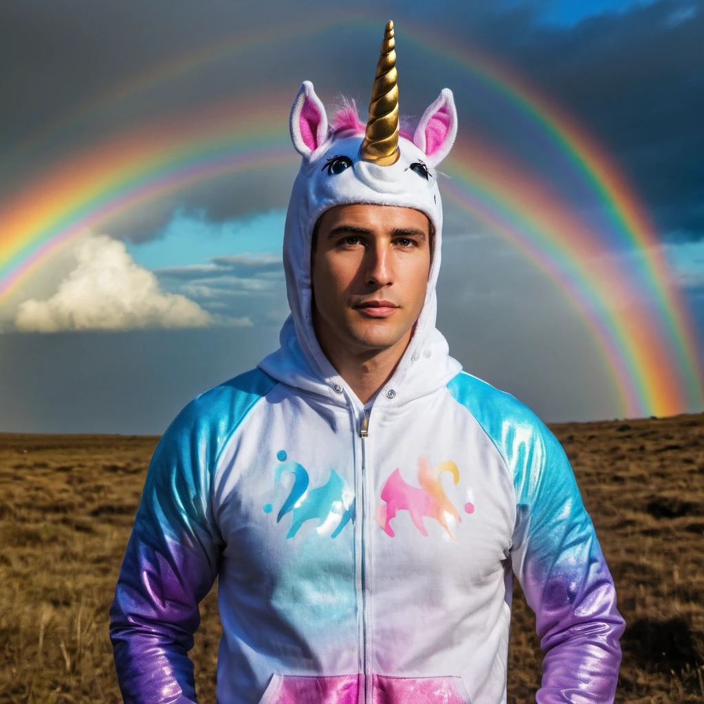 concept art photo of a man, wearing a unicorn outfit, at a rainbow land, looking at viewer, <lora:Marlon_Brando:.6> . digital artwork, illustrative, painterly, matte painting, highly detailed