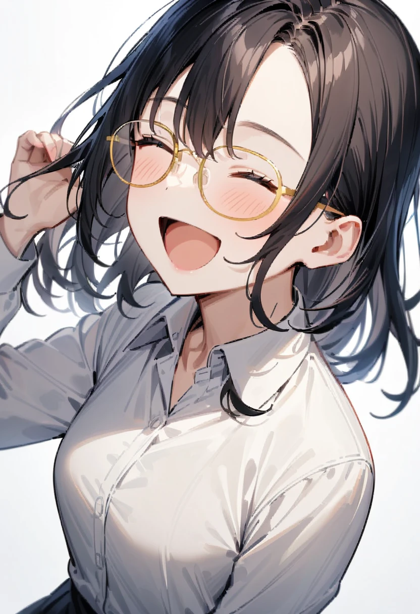 masterpiece, best quality, very aesthetic, absurdres,
1girl, solo, black hair, long hair,
g-boston19A,  glasses, yellow-framed eyewear,
collared shirt, happy, smile, looking at another, closed eyes, open mouth, white background, simple background,
<lora:glasses_boston_19A_SDXL_V1:1>