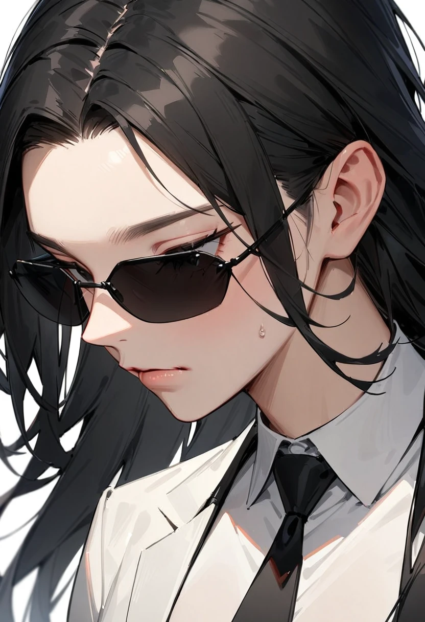 masterpiece, best quality, very aesthetic, absurdres, 
1girl, solo, black hair, long hair,
agtsg, sunglasses, dark black-tinted eyewear, 
 formal, black suit, black necktie, collared shirt, covered eyes, simple background, white background, looking at another, upper body, face focus, standing, 
 <lora:sunglasses_agent_smith_SDXL_V1:1>