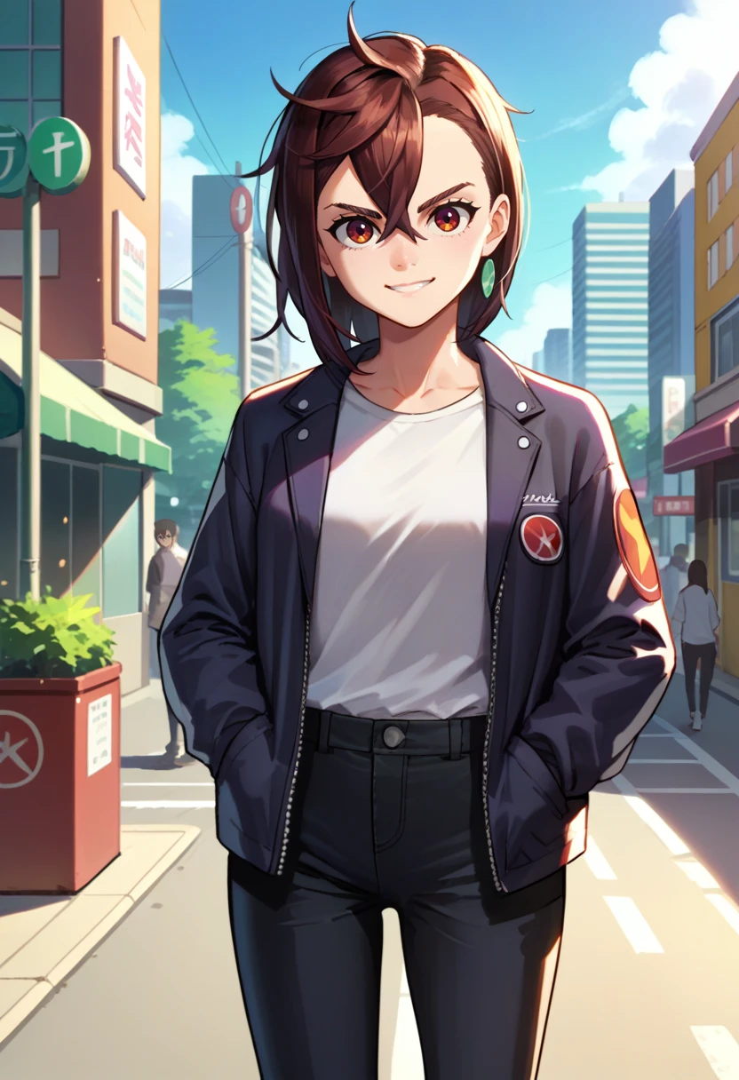 score_9, score_8_up, score_7_up, source_anime, solo, 1girl, ayase momo, smirk, looking at viewer, hand in pocket, black jacket, open jacket, white shirt, black pants, outdoors, city street <lora:dandadan_ayase_ponyXL:1>