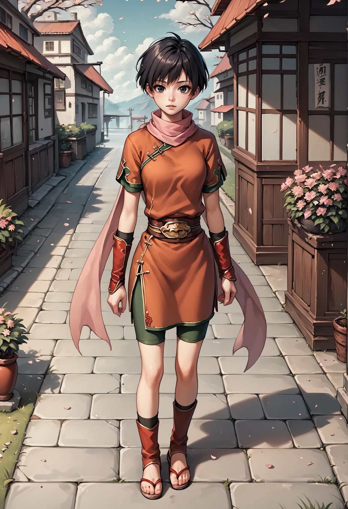 1girl, short hair, black hair, black eyes, scarf, chinese clothes, short sleeves, bridal gauntlets, sandals  <lora:Kasumi_Suikoden_XL:1>, score_9, score_8_up, score_7_up, score_6_up, score_5_up, score_4_up, BREAK source_anime, masterpiece