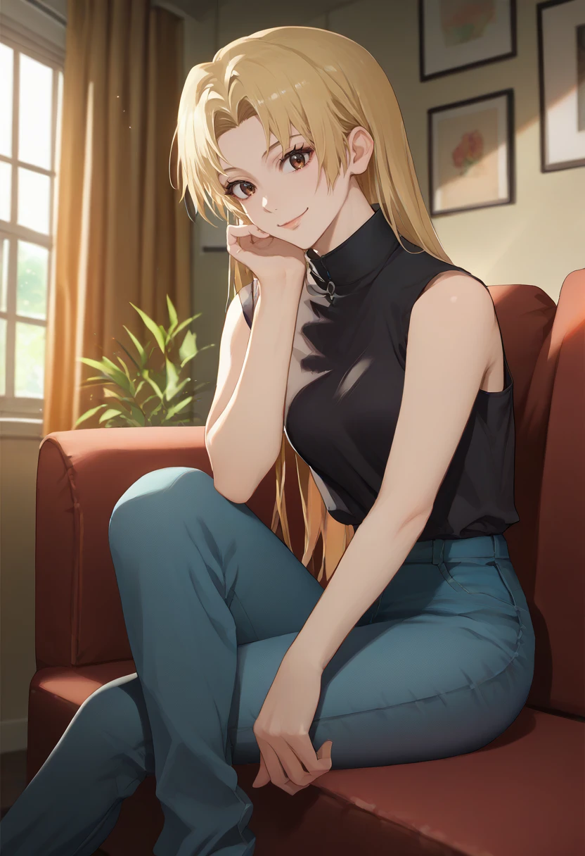 score_9, score_8_up, score_7_up, source_anime, solo, 1girl, tsukumo yuki, smile, looking at viewer, sitting, couch, brown eyes, black shirt, sleeveless, jeans, indoors, living room <lora:jjk_tsukumo_ponyXL:1>