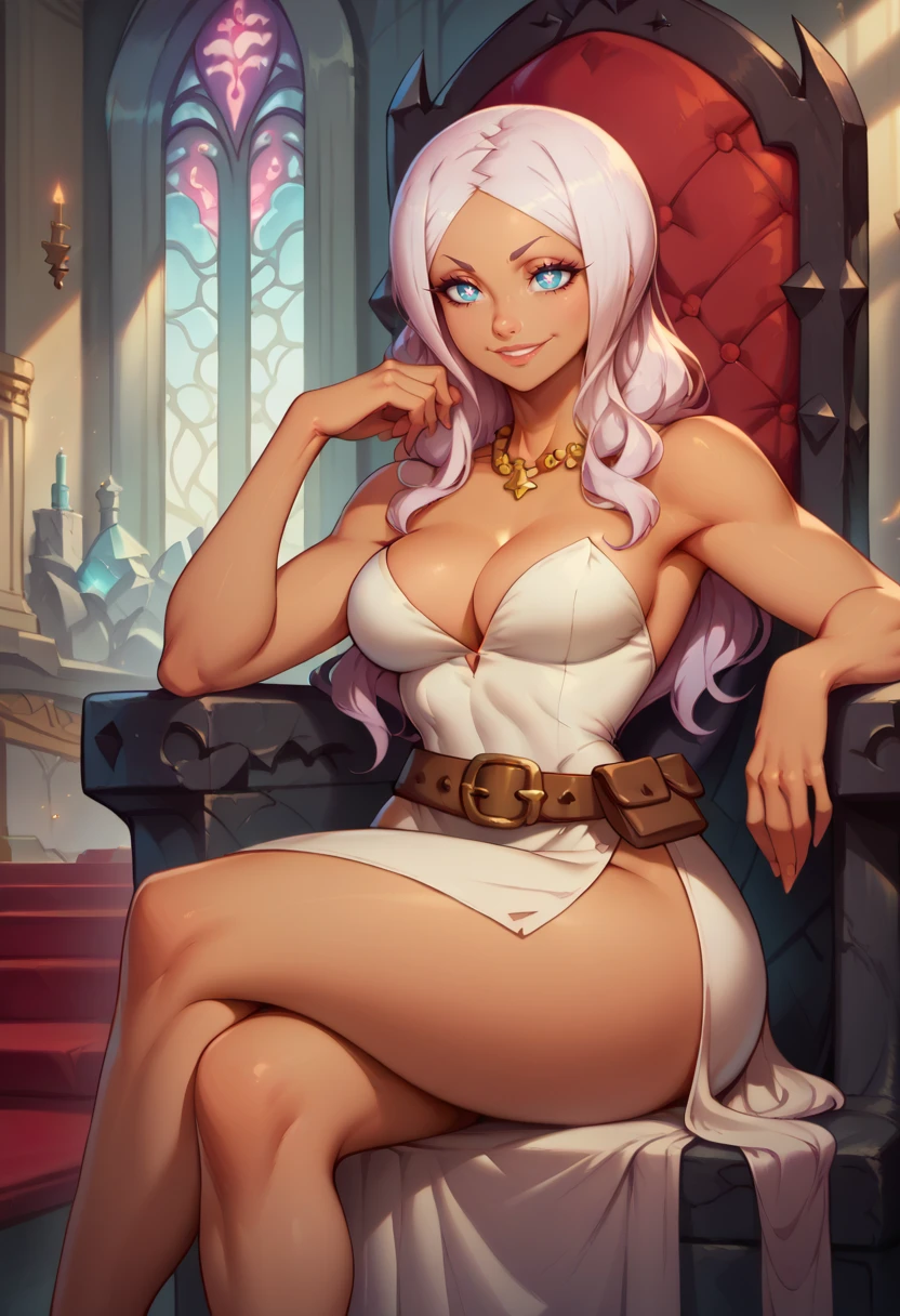 score_9, score_8_up, score_7_up, solo, 1girl, princesshibana, dark skin, smile, looking at viewer, sitting, crossed legs, throne, symbol-shaped pupils, white dress, side slit, necklace, brown belt, bare shoulders, cleavage, indoors <lora:fireforce_hibana_ponyXL:1>