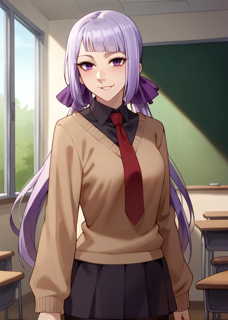 score_9, score_8_up, score_7_up, 1girl, Philomela, purple hair, blunt bangs, purple eyes, long hair, low twintails, hair ribbon, standing, classroom, beige sweater, red necktie, black shirt, black skirt, looking at viewer, smile,