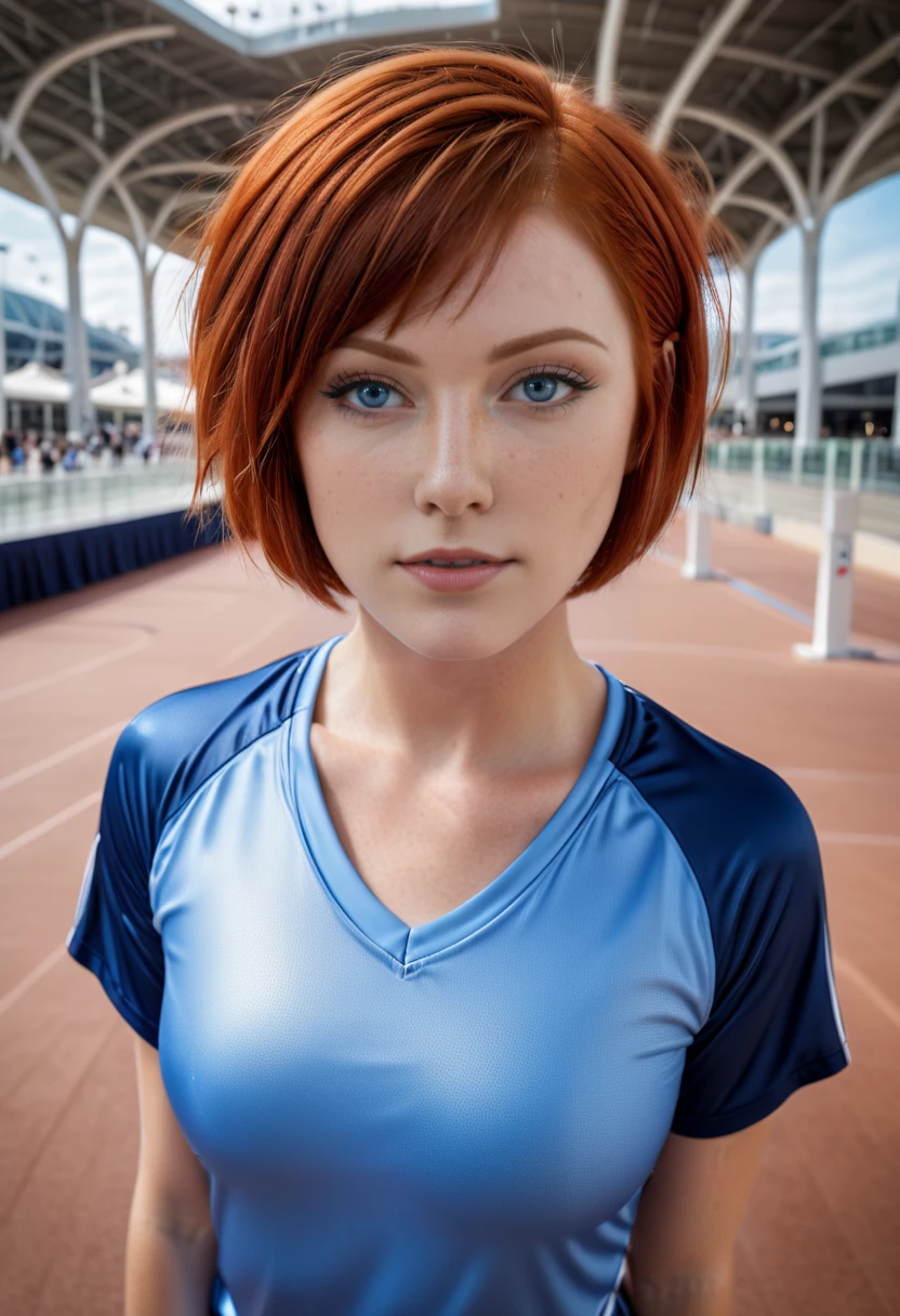 breathtaking portrait, Boyshort, Batwing Top, Trifocals,Soccer uniforms, Hands Running Through Hair, Convention Center in the background, redhair in short bob cut, blue eyes, freckles <lora:AlienorXL:1>, detailed skin texture, (blush:0.5), (goosebumps:0.5), subsurface scattering, dry skin, fuzzy skin, masterpiece, award-winning, professional, highly detailed