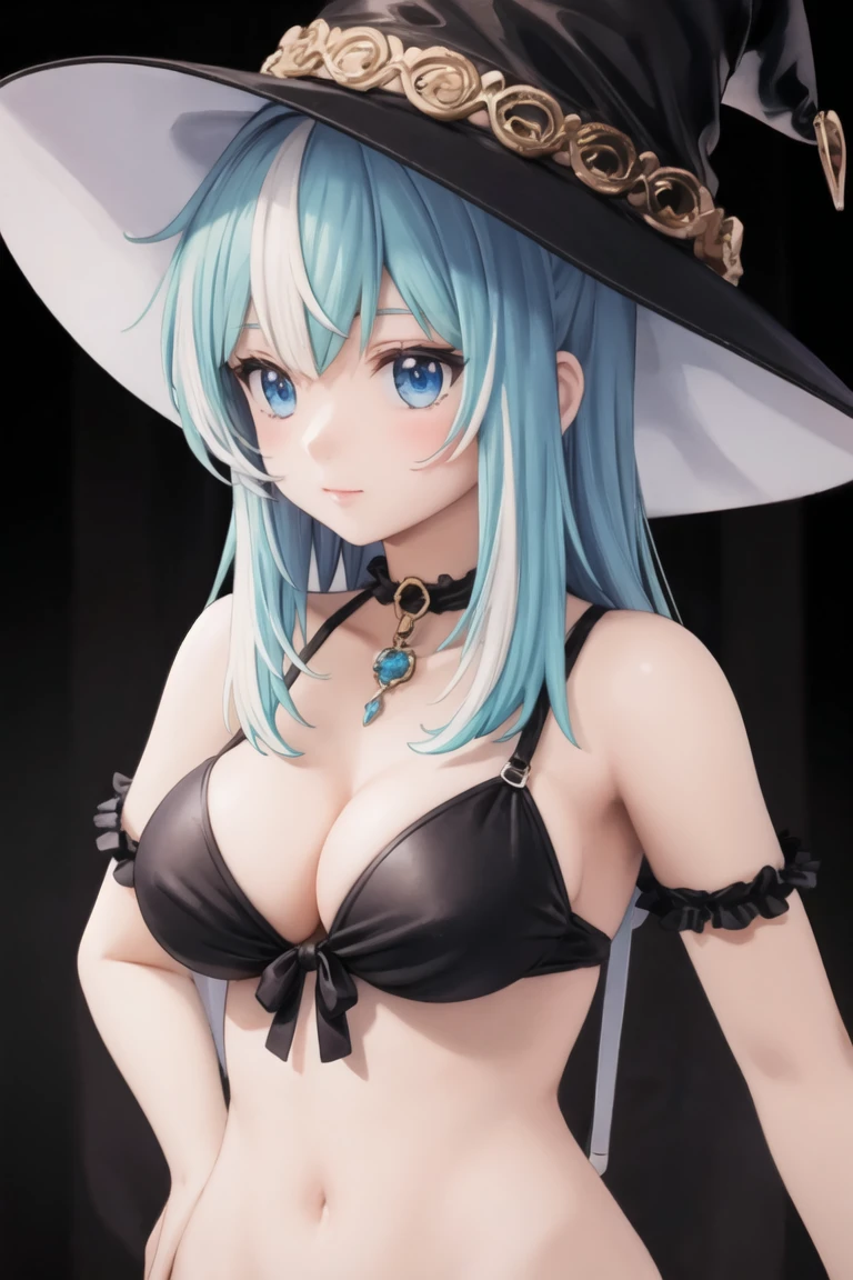 (masterpiece),best quality,portrait,three-quarter view,eye focus,1girl,breasts,black choker,upper body,large breasts,multicolored hair,cleavage,swimsuit,witch hat,dress,