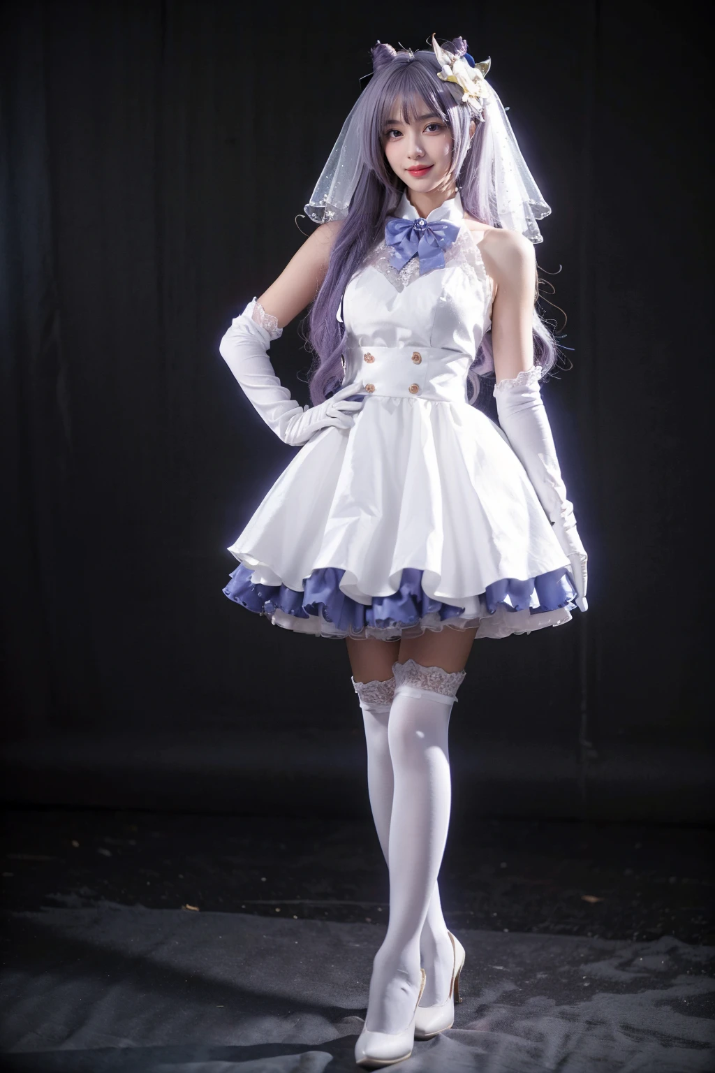 best quality, masterpiece, realistic, photorealistic, 1girl, solo, looking at viewer, smile, standing, full body, arms at side, keqing cosplay costume, keqing, cosplay, alternate costume, purple hair, twintails, long hair, hair bun, cone hair bun, dress, white dress, wedding dress, sleeveless dress, frills, lace trim, gloves, white gloves, elbow gloves, bow, bowtie, veil, bridal veil, bride, hair ornament, hair flower, hair ribbon, hair bow, thighhighs, lace-trimmed legwear, frilled thighhighs, white thighhighs, high heels, grey background, <lora:Genshin_Keqing_WeddingDress_cosplay_v1:0.75>