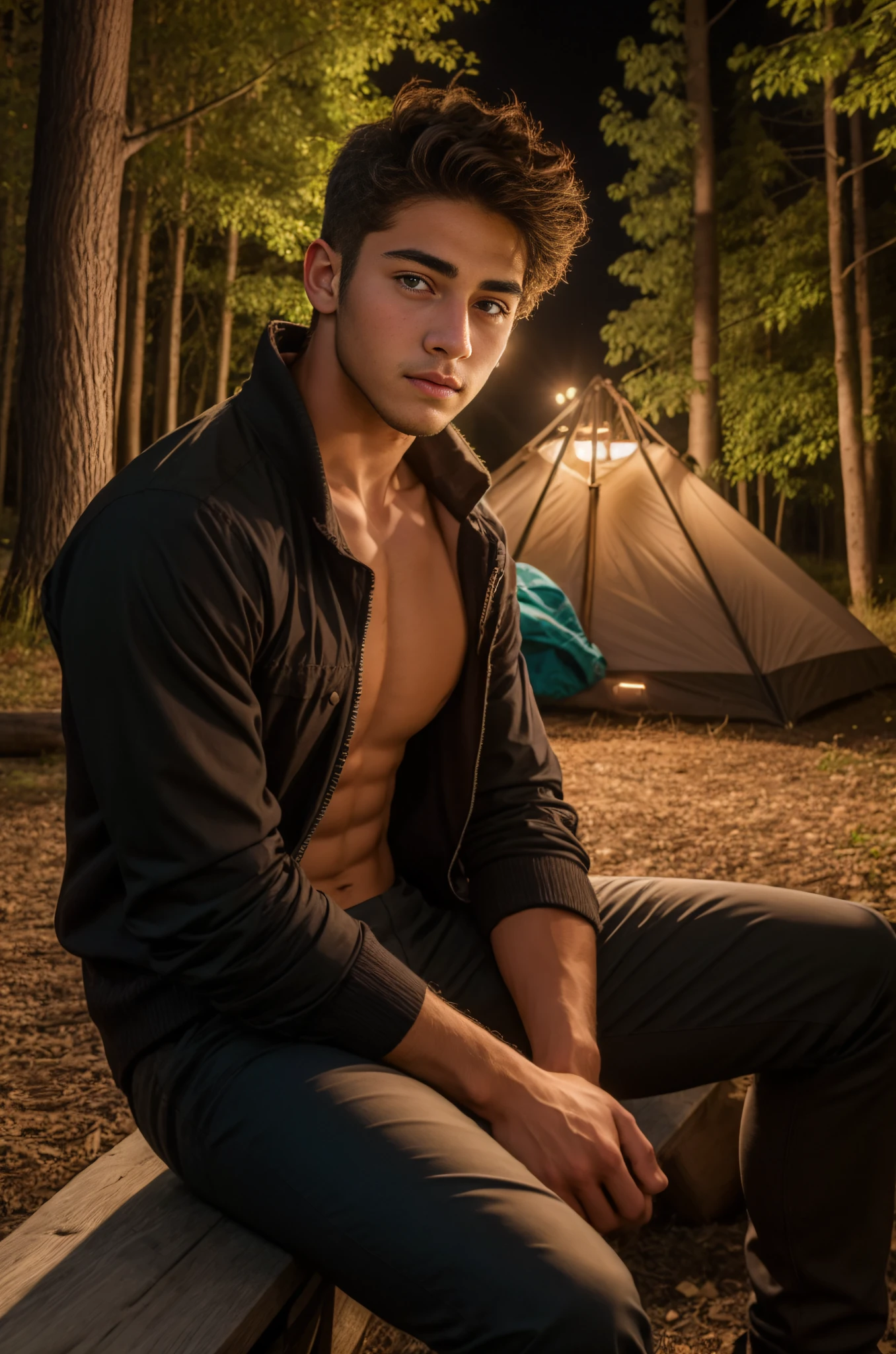 <lora:Ken_GV:1> 1boy, beautiful man, 18 years old, An incredibly attractive, beautiful young black haired, brown-eyed athletic man sitting near a bonfire in a dark forest at night. Open plaid shirt.