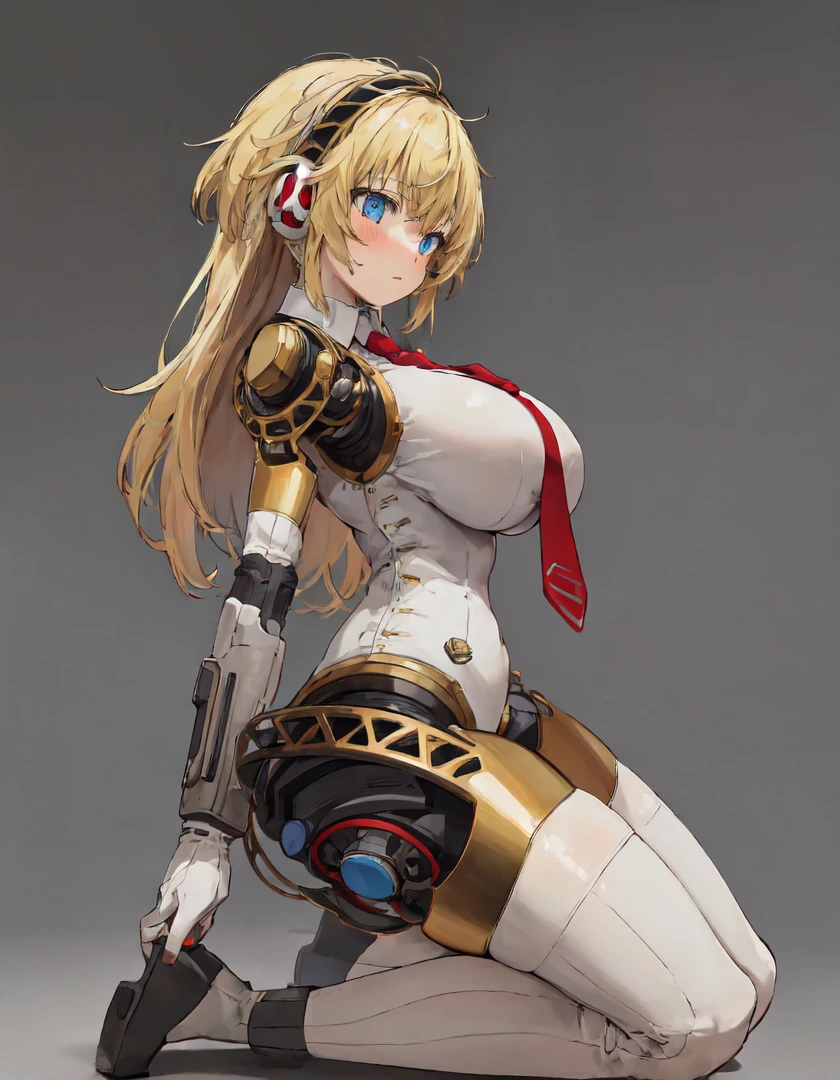 masterpiece, best quality, absurdres, 1girl, solo, aegis, robot joints, blush, huge breasts, narrow waist, wide hips, thick thighs,
long hair, blue eyes, blonde hair,
necktie,
kneeling, from side,