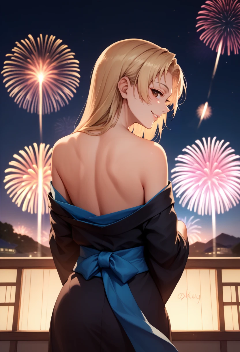 score_9, score_8_up, score_7_up, from behind, solo, 1girl, tsukumo yuki, smile, looking back, brown eyes, black kimono, off shoulder, blue sash, bare shoulders, fireworks <lora:jjk_tsukumo_ponyXL:1>