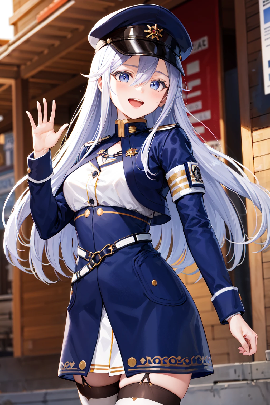 masterpiece, best quality, highres, aalena, long hair, military hat, blue headwear, hair between eyes, medium breasts, military uniform, white shirt, blue jacket, armband, long sleeves, white belt, blue skirt, garter straps, white thighhighs, <lora:vladilena_millize_v1:0.7>, standing, cowboy shot, outdoors, waving, smile, open mouth, city