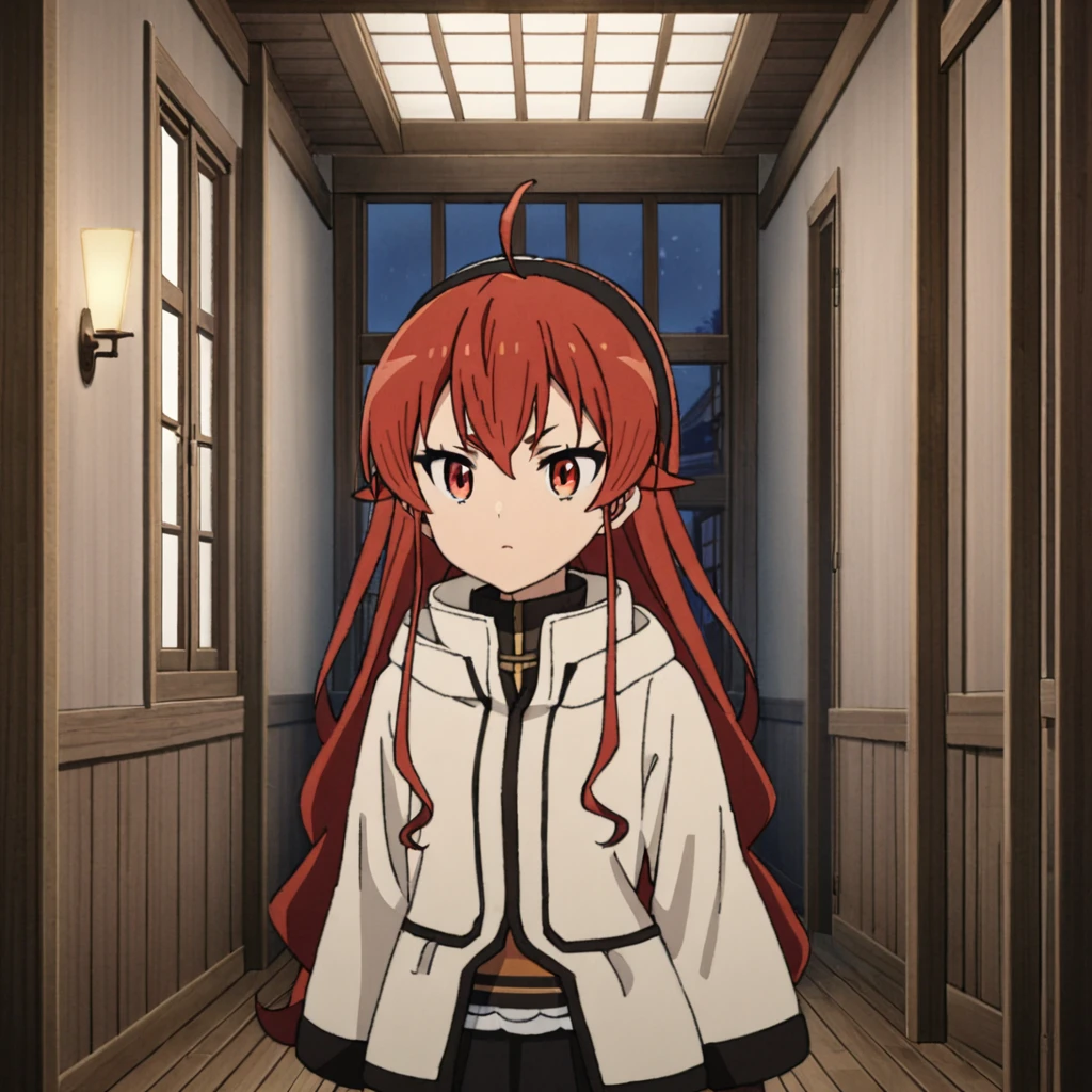 1 girl, eris, snow jacket, red hair, red eyes, black eyeliner, hallway, wooden floors, windows, cinematic lighting, eris walking down hallway, night time, moon lighting, godrays, <lora:eris_greyrat-000007:0.7>