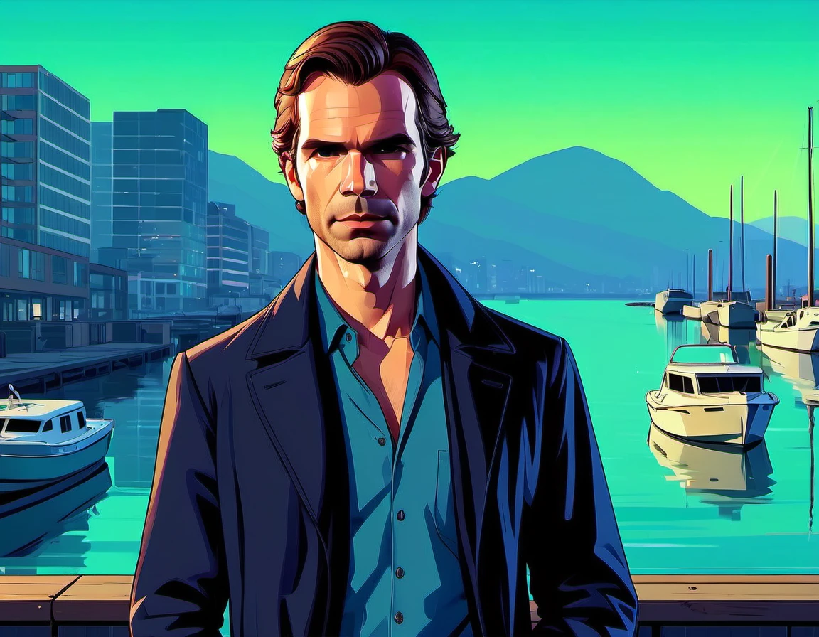 GTA-ish, 2D, beautiful gorgeous James D'Arcy, dockside background, (thick outline:1.2)