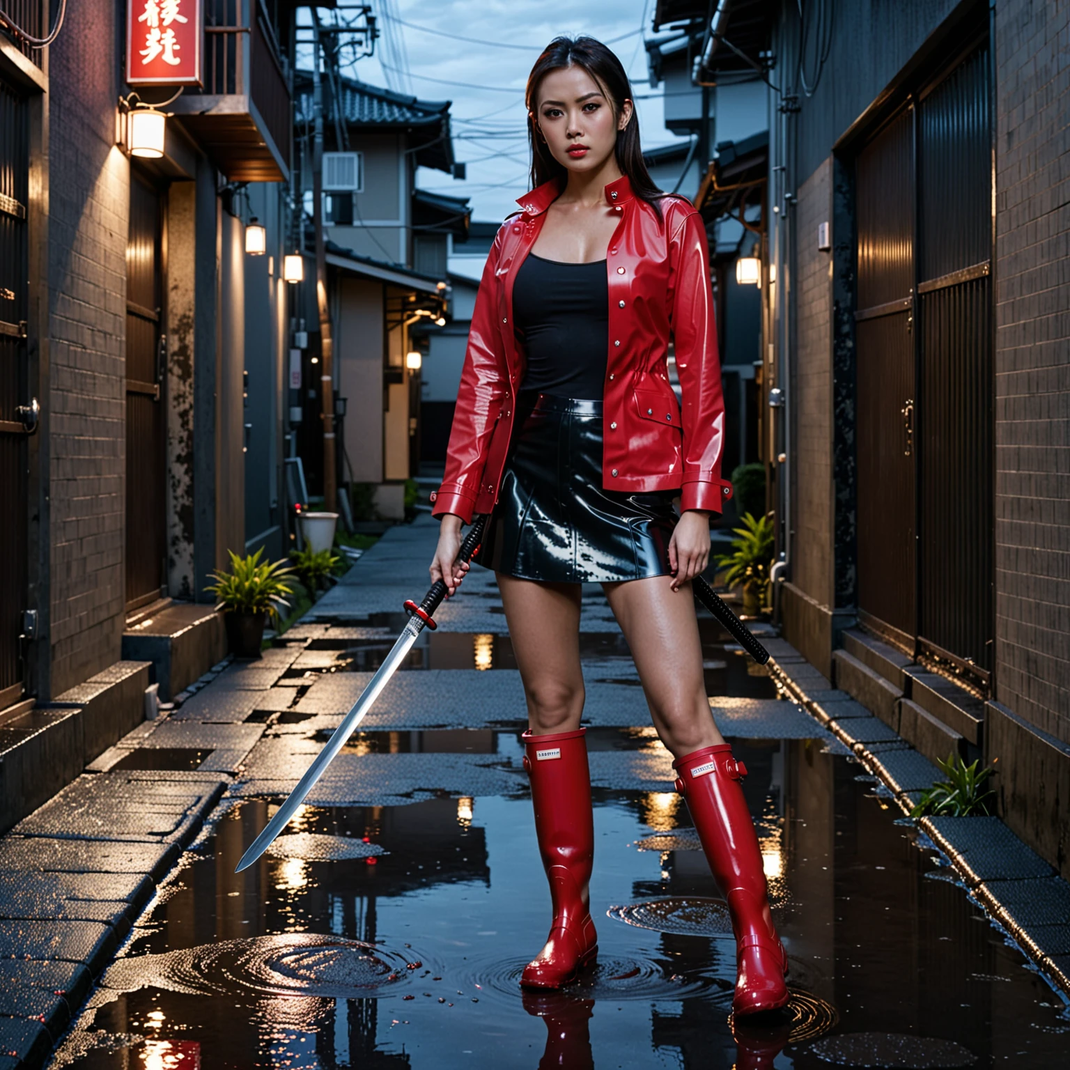 1girl, beautiful young business woman, wearing red hunter rubber boots, tight leather outfit, jewelry, dangerous, standing, agressive stance, holding katana, dark alley, japan, puddles, twilight, full shot, full body, movie still, photorealism, sharp, depth of field