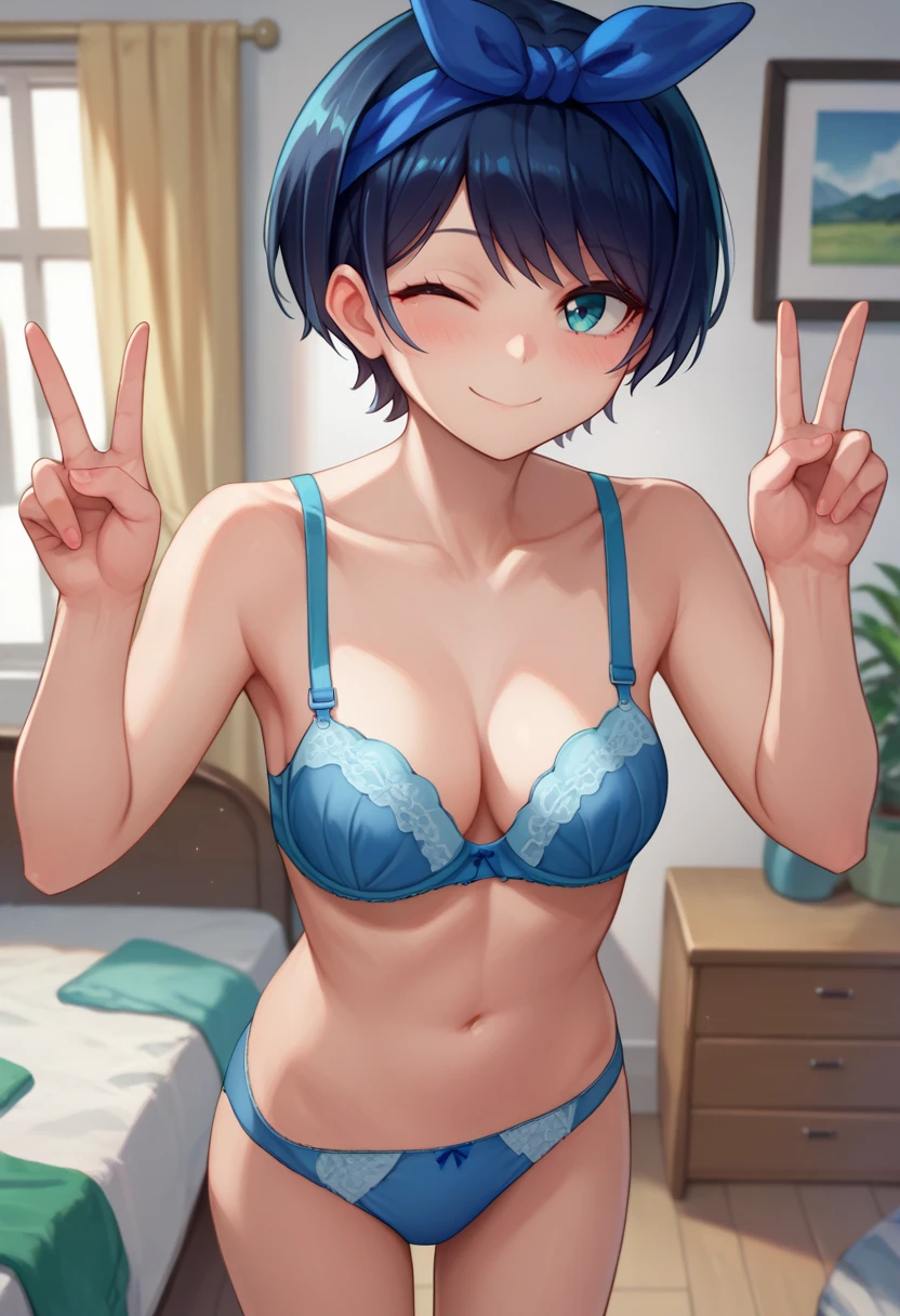 score_9, score_8_up, score_7_up, source_anime, solo, 1girl, sarashina ruka, blush, slight smile, looking at viewer, standing, double v, blue hairband, one eye closed, blue bra, blue panties, indoors, bedroom <lora:rentagirlfriend_sarashina_ponyXL:1>