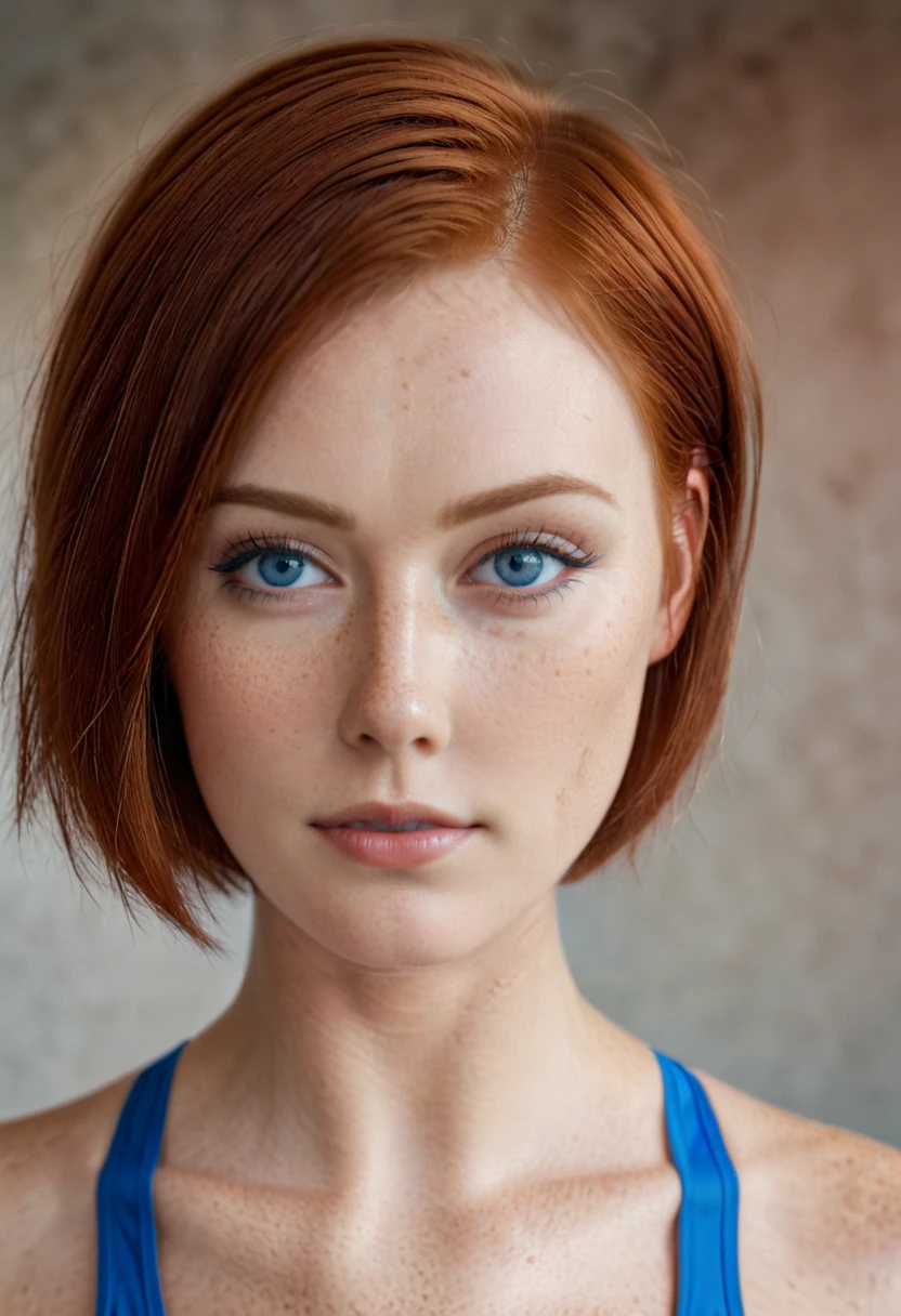 breathtaking portrait, Triathlon Top, Hair Touch, Algiers, redhair in short bob cut, blue eyes, freckles <lora:AlienorXL:1>, detailed skin texture, (blush:0.5), (goosebumps:0.5), subsurface scattering, dry skin, fuzzy skin, masterpiece, award-winning, professional, highly detailed