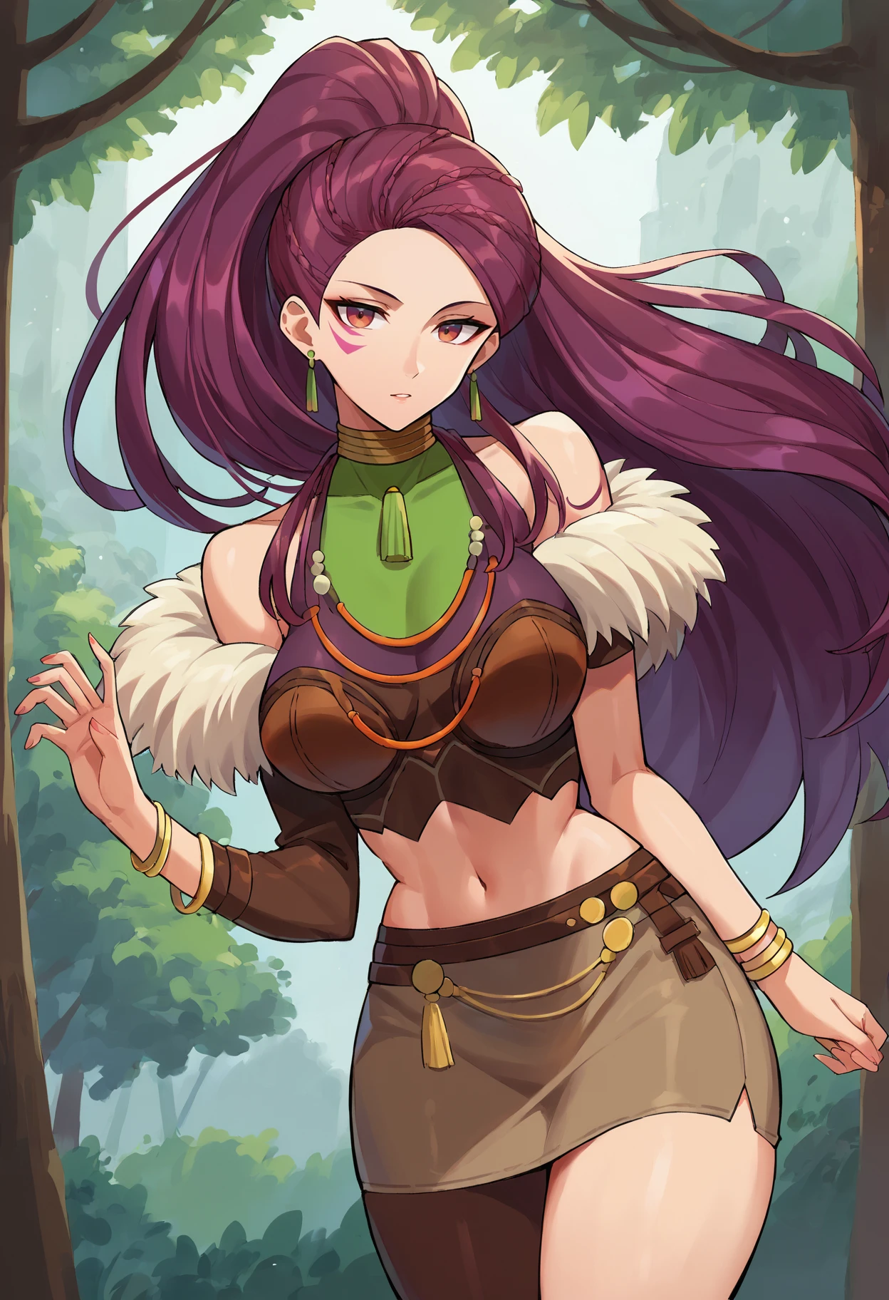 score_9, score_8_up, score_7_up,  <lora:Petra-pdxl:0.9> ,petra-ts, bracelet, braid, breasts, brown crop top, brown skirt, earrings, facial mark,fur trim,  high ponytail, long hair, one sleeve top, purple hair, gold choker, asymmetrical legwear, bracelet, halterneck, mature female, midriff, fur trim skirt