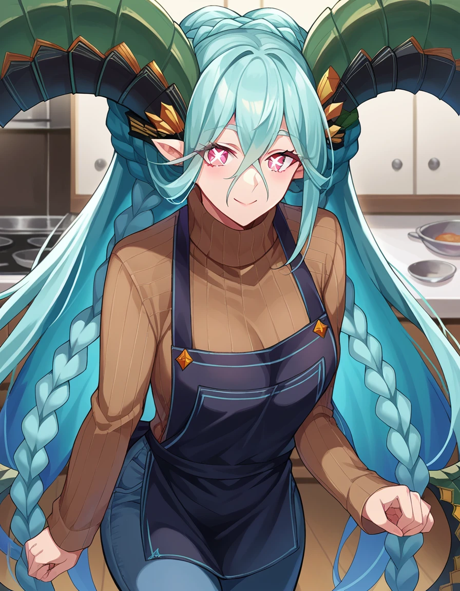 score_9, score_8_up, score_7_up, source_anime,
fatetiamat, <lora:fate-tiamat-ponyxl-lora-nochekaiser:1>,
tiamat, absurdly long hair, aqua hair, braid, curled horns, gradient hair, horns, long horns, multicolored hair, pink eyes, pointy ears, symbol-shaped pupils, twin braids, x-shaped pupils,
apron, black apron, brown sweater, ribbed sweater, sweater, turtleneck, turtleneck sweater, pants, denim,
indoors, kitchen, smile,
looking at viewer, cowboy shot, dutch angle,