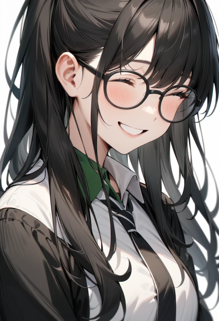 masterpiece, best quality, very aesthetic, absurdres,
1girl, solo, black hair, long hair,
g-boston19s,  glasses, black-framed eyewear,
collared shirt, happy, smile, looking at another, white background, simple background,
<lora:glasses_boston_19s_SDXL_V1:1>