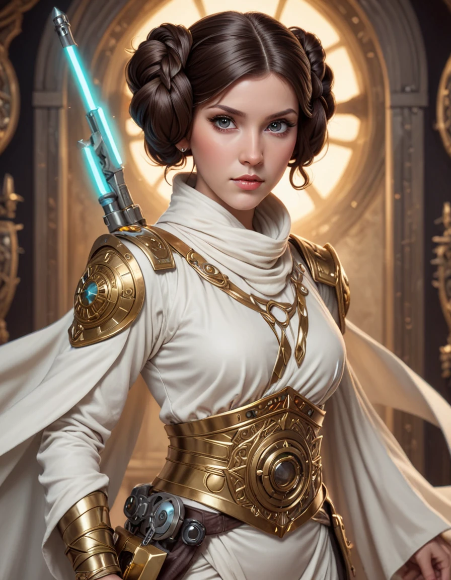 Princess Leia, highly detailed, digital painting, artstation, concept art, smooth, sharp focus, illustration, art by artgerm and alphonse mucha, high definition digital art, in the style of ilya kuvshinov and Ross tran, starforged armory, celestial craftsmanship, forging cosmic armor, armory of celestial warriors <lora:59c2cc3f-e6d0-419a-b9cf-678143e1e9e4:0.7>