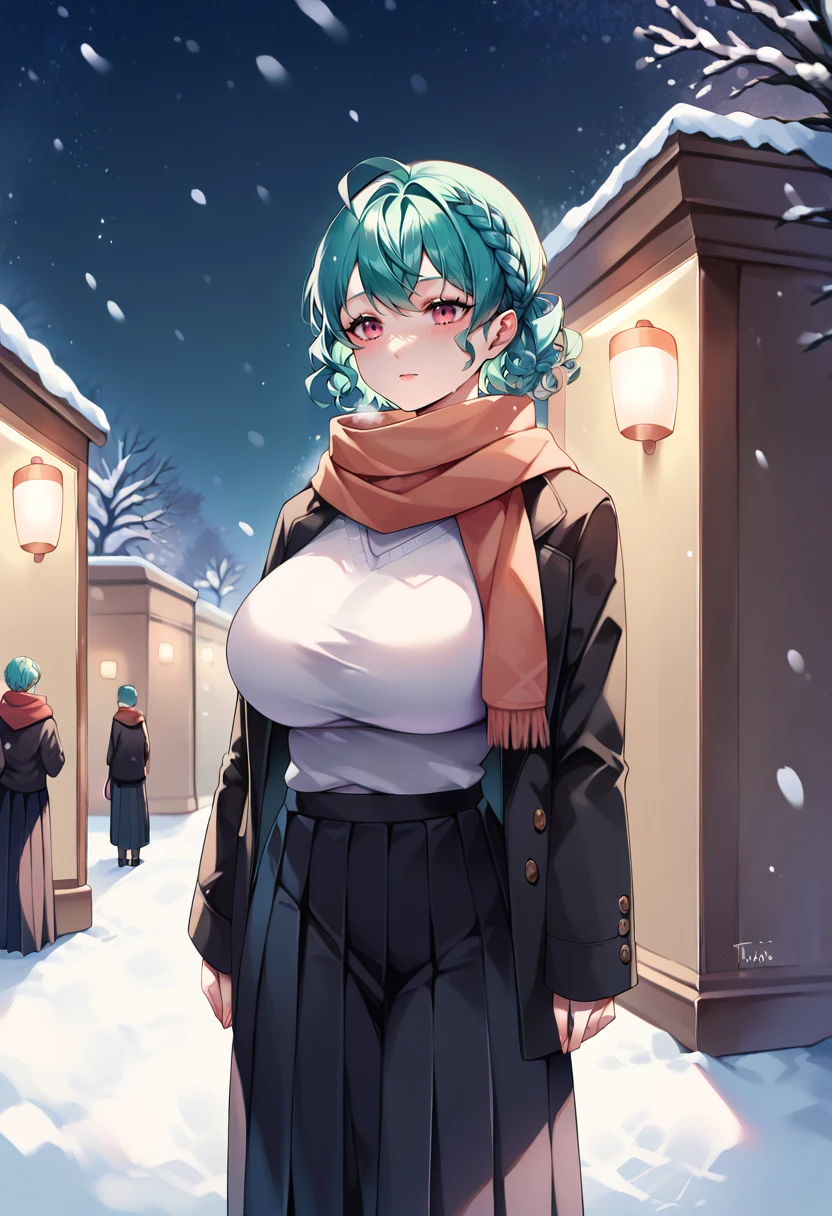 score_9, score_8_up, score_7_up, source_anime, 1girl,curly hair, french braid, big breasts, sweater, black coat, scarf, aqua hair, pink eyes, pleated skirt, long skirt, night, outdoor, snowing, under a tree, dynamic light, standing <lora:Tacco-Style-PonyXL-000018:1>