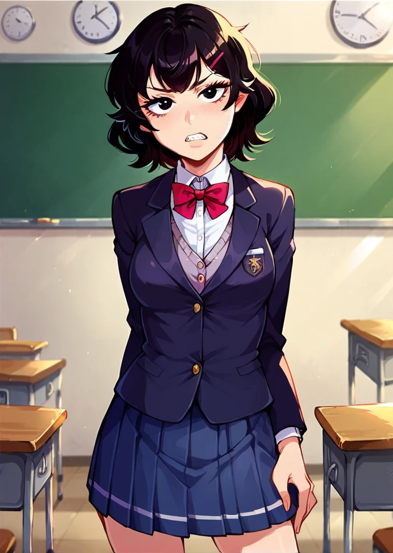 score_9, score_8_up, score_7_up, 1girl, nafra, short hair, black hair, frown, teeth, eyelashes, eyeliner, black eyes, standing, school uniform, blazer, bowtie, skirt, looking at viewer, classroom, 