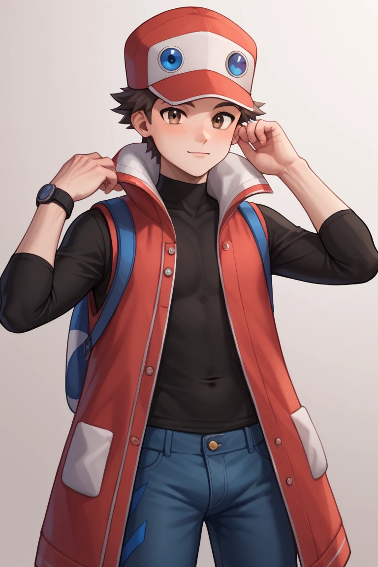 score_9, score_8_up, score_7_up, score_6_up, score_5_up, score_4_up,  Red_masters, Red with white baseball cap, brown eyes, brown hair, red sleeveless coat, long sleeve black shirt, blue pants,amazing quality, best aesthetic, absurdres<lora:EMS-340778-EMS:1.000000>