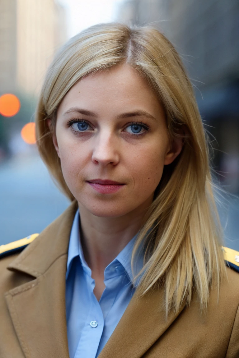 a picture of natpok woman,mid-twenty, blonde hair,detailed skin, surface scattering, bokeh, skin pores,  city streets,wearing a uniform,outdoors, looking at viewer ,(subtle smile:0.5), blue eyes,  <lora:natpok15:1>